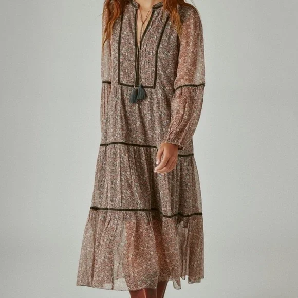 Lucky Brand Womens Bohemian Tiered Maxi Dress in black multi sz xs NWT - Picture 2 of 11